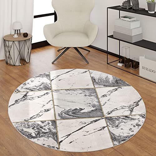 TT Home Wohnzimmer Teppich Kurzflor Wohnzimmerteppich 3D Optik Modern Marmor Design, Farbe: Gold, Größe:160 cm Rund