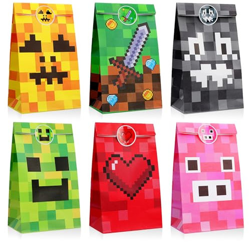 PHOGARY 24 sacchetti per feste a tema minatore, sacchetti di carta kraft per compleanno di ragazzi/ragazze, sacchetti per caramelle con adesivi, accessori per feste di gioco, 21 x 11 x 7 cm