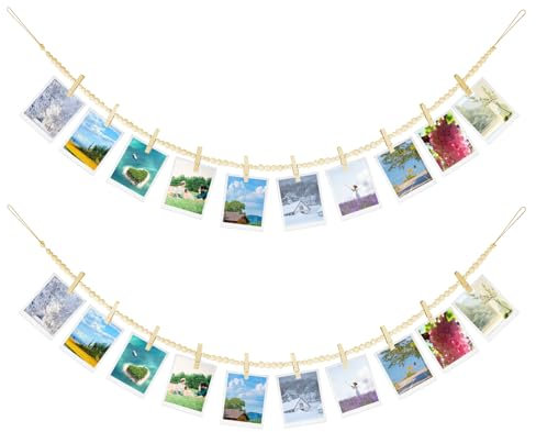 mumisuto Cadre Photo Mural avec Corde Porte-Photos, Accroche pour 20 Photos avec 20 Clips en Bois, Boho Bois Perles Guirlande Collage Cadre Photo pour Photos, Collages, Décorations