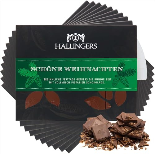Hallingers Genuss Manufaktur Schokolade Weihnachts-Geschenk - Tafel Edelkakao handgeschöpft ohne Alkohol edler Karton 10x Schöne Weihnachten Pistazie-Amaretto, Weihnachten für Frauen Männer