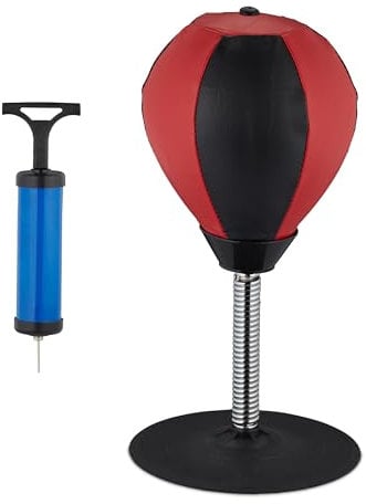 Relaxdays Tisch Boxsack, Schreibtisch Punchingball fürs Büro, Mini Boxball gegen Stress, stehende Boxbirne, rot/schwarz