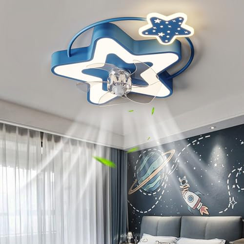 Bambino Pale Da Soffitto Con Luce Reversibile Dc Dimmerabile Ventilatore Da Soffitto Con Luce E Telecomando Timer 6 Velocità Plafoniera Con Ventilatore Per Camera Dei Bambini-Blue Stars