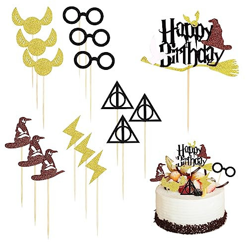 16 Pieces Glitter Birthday Cake Decorations, Broom Hat Cake Decorations, Magic Theme Party Supplies, Cup Cake Dessert Decorations, Suitable for Halloween and Birthday Parties.