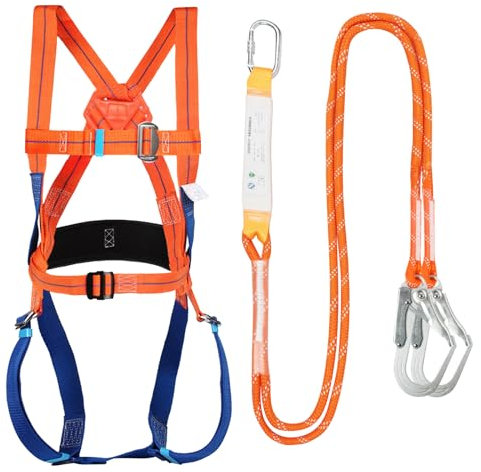 WingFly Fallschutz Auffanggurt, Absturzsicherung Sicherheitsgurt Set 5 Punkt Vollkörper Auffanggeschirr, Max 100kg, Fallschutz Sicherheitsseil mit Puffer für Arbeiten in der Luft, Bergsteigen
