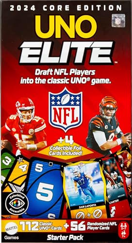 Mattel Games UNO Elite NFL Kartenspiel 2024 Offiziell lizenzierte Core Edition mit 4 Sammelfolienkarten mit Teamspielern
