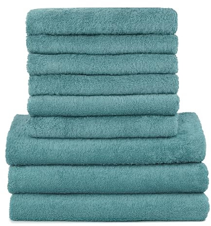 ZOLLNER 9tlg. Handtuch Set aus 6X Handtücher (ca. 50x100 cm), 3X Duschtücher (ca. 70x140 cm), besonders weich und saugstark, waschbar bis 95°C, Baumwolle, Petrol