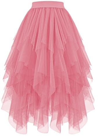 JasGood Damen Tüllrock High Low Layered Unregelmäßig Tüll Rock Damen A-Linie Midirock Ballett Tutu Abschlussball Karneval Party Rock,Rosa,L