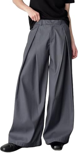 THWEI Men's Baggy Wide Leg Pants Zipper Fly Pleated Trousers Casual Dress Pants with Pocket Grey L