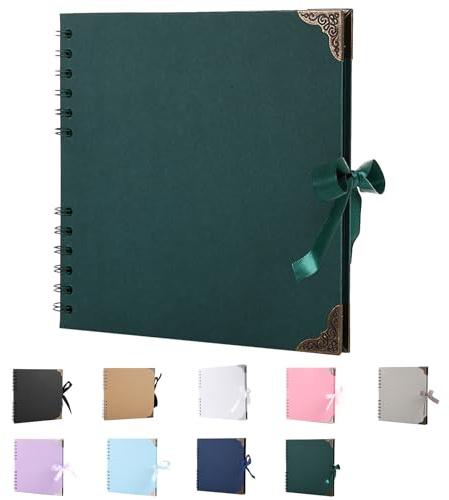 SHUBEIEUMI Scrapbook Photo Albums, 60 Pages Photo Book (Dark Green) | 20.5 x 20.5 cm Scrap book with Ribbon Closure, Kraft Paper Scrap Book Ideal for Scrapbooking, Albums Arts and DIY Craft