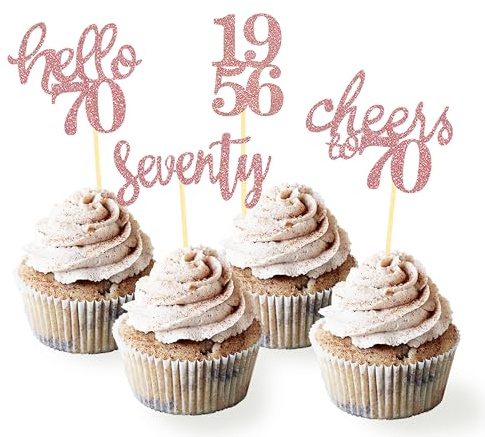 24 Pcs Glitter 70th Birthday Decoration Cupcake Toppers (Rose Gold-1956) | Seventy Years Old Birthday Decorations, 70th Anniversary Party Supplies, 1956 Cupcake Picks