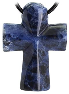 Budawi® Sodalith Ankh Kreuz Anhänger gebohrt ca. 35x25 mm mit 1 m schwarzem Lederband zum Kürzen – Schmuck in Geschenkbeutel