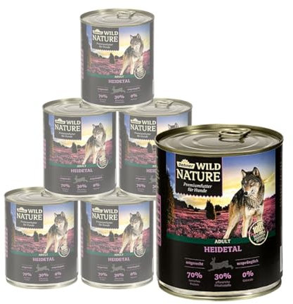 Dehner Wild Nature Hundefutter Heidetal, Nassfutter getreidefrei / zuckerfrei, für ausgewachsene Hunde, Lamm, 6 x 800 g Dose (4.8 kg)