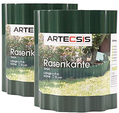 2X Rasenkante aus Kunststoff, 9 m x 15cm, Grün, gewellt, Umrandung für Beete, Beeteinfassung, Rasenbegrenzung