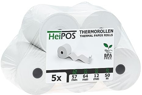 HeiGroup HeiPOS - 5x Kassenrollen Thermorollen - 57 mm x 50 m x 12 mm - 55 g/m² Papier - Für EC-Cash, Kreditkarten Kassensysteme und mehr