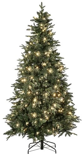Dehner Künstlicher Weihnachtsbaum Tanne Espen, mit LED Beleuchtung warmweiß, Höhe ca. 210 cm, Kunststoff, grün