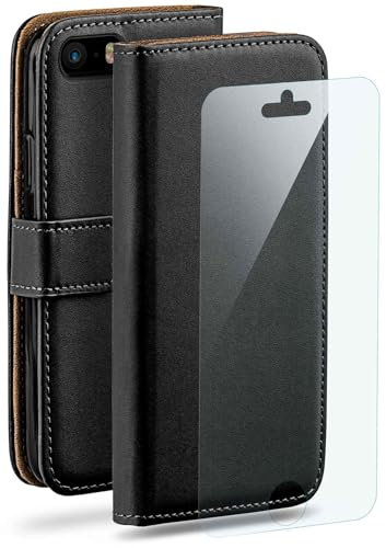 moex 4 in 1 Set für iPhone 5s / 5 / SE (2016) Hülle mit 3X Schutzfolie, Handyhülle Kartenfach [Book Case Klapphülle + FlexProtect Folie] Schutzhülle 360 Grad Komplettschutz, Schwarz