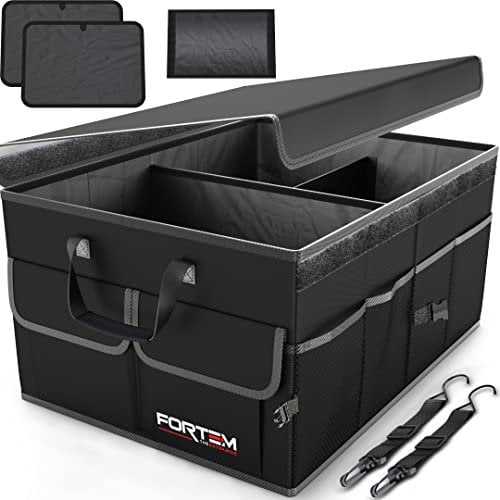 FORTEM Kofferraum Organizer, Kofferraumtasche, Zusammenklappbarer Auto Organizer Kofferraum mit Fächern, Rutschfester Boden, Verstellbare Sicherungsriemen, Klappbarer Deckel (Schwarz)
