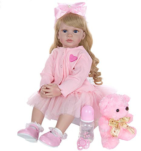 YIHANGG Mode Wiedergeborene Babypuppe Mädchen 60cm Mit Silikon Gefüllt Lebensechte Puppe Für Kleinkinder Mit Goldenen Langen Locken Wirklich Prinzessin Zwillinge, Pink
