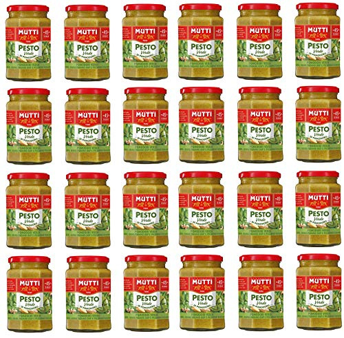 24x Mutti Pesto Verde Pomodori Verdi Grünes Tomatenpesto Pasta Sauce 100% italienische Tomate Glas 180g Würzsaucen mit Cashewnüssen, Grana Padano und Pecorino Romano