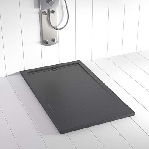 Shower Online Plato de ducha Resina FLOW - 70x100 - Textura Pizarra - Antideslizante - Todas las medidas disponibles - Incluye Rejilla Color Antracita y Sifón - Antracita RAL 7011