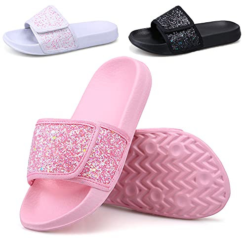 ydscsci Girls Slide Sandals Glitter Sequins Pool Sliders Kids Shower Slippers Beach Flip Flops Hook and Loop Non-slip Thick sole Little Kid Pink Size 12.5 13
