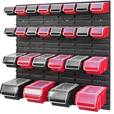 PAFEN Stapelbox Wandregal - 772 x 780 mm - Lagersystem 26 Stück Boxen mit Deckel - Lagerregal Sichtlagerkästen Schüttenregal, Schwarz/Rot
