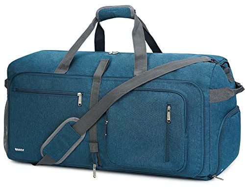 WANDF Reisetasche 65L mit Schuhfach Faltbare Weekender-Reisetasche Handgepäck für Männer Frauen (Blau)