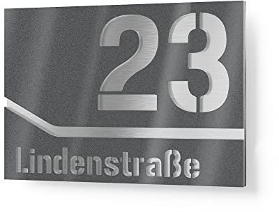Graviers Design Numero civico personalizzabile in vetro acrilico + acciaio inox V2A 215x150 mm metallizzato, Resistente alle intemperie, Antiruggine, Targa per porta d’ingresso, Made in Germany