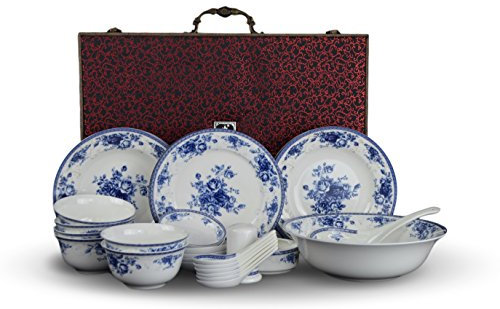 Service de Vaisselle 28 pièces en Porcelaine Bleue et Blanche pour 6 Bols à Riz Jingdezhen, (Lotus Bleu) (Bleu et Blanc)