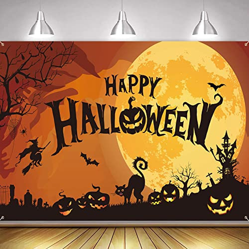 Halloween Banner, Halloween Party Deko, Happy Halloween Hintergrund Banner, Extra Große Stoff Photo Booth Hintergrund für Orange Schwarz Halloween Dekoration Garten Wall Decor 185 * 110cm