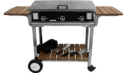 PLANCHAELEC – Pack plancha eléctrica LUX 830 – Carro Elysée + accesorios – acero inoxidable – acabados de carbono – 2 termostatos ajustables – Made In France – 83 x 45 x 20 cm
