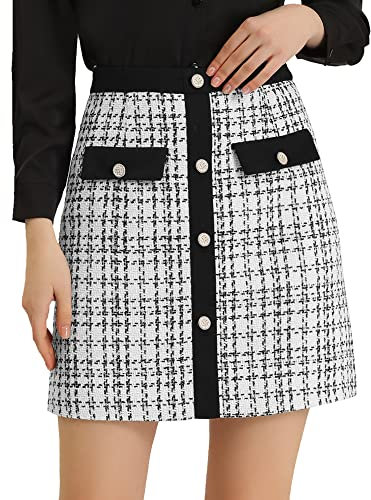 Allegra K Damen Winterrock Hoher Taille Elegant Kontrastfarbe Knopfdekor Tweed Karo Minirock Weiß S
