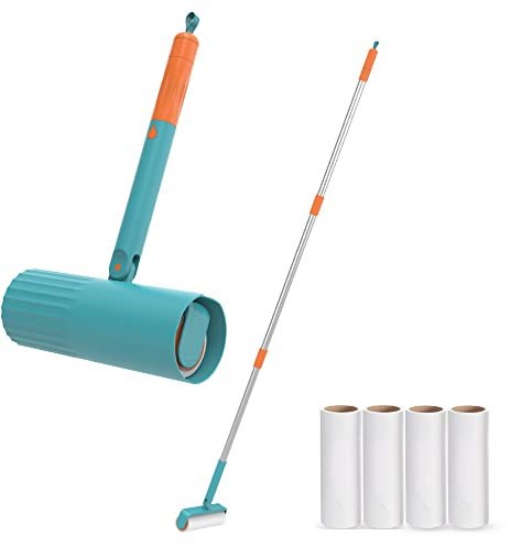 Useful Co Ausziehbare Fusselrolle – Fusselrolle für Tierhaare, große Fusselrolle, Fusselrolle für Boden mit klebrigen Blättern, 16 cm bis 110 cm, 1 Fusselrolle + 4 Nachfüllpackungen (blau)
