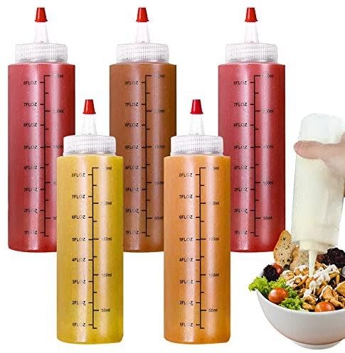 5 Stück, Plastik Squeeze Flasche, 250ml/8 Oz, Sauce Bottle, Quetschflasche, Saucen Flasche, Mit Auslaufsicher Tip Cap & Messungen, Condiment Flaschen,Für Dressings, Ketchup, Olivenöl, Bbq Sauce