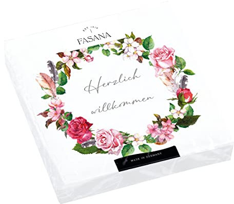 20 Servietten Willkommen im Rosenkranz | Rosen | Blumen | Spruch | Gäste | Tischdeko | Decoupage | Serviettentechnik 33x33cm