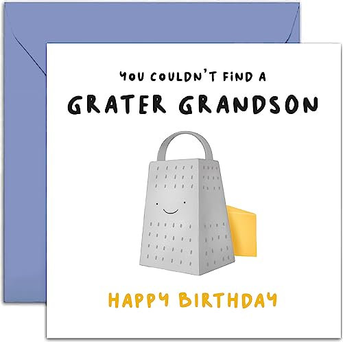 Old English Co. Funny Birthday Card for Grandson - 'Grater Grandson' Cheese Pun - Cute Birthday Greeting Card For Him - Humorous Birthday Card for Family | Blank Inside