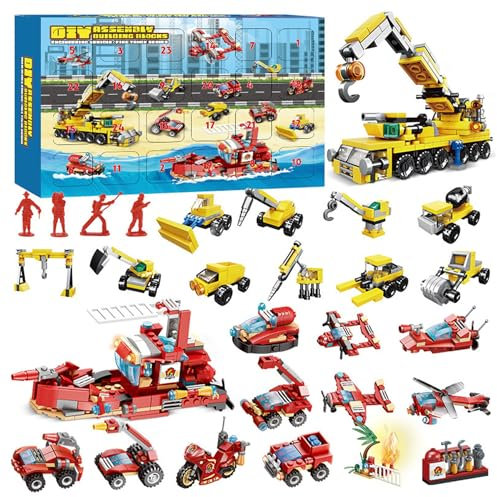 VEEKAY Feuerwehrauto Adventskalender,24Pcs Engineering und Feuerwehrauto Bauklötze Spielzeug Modelle,24-Tage Adventskalender Spielzeug,Weihnachtskalender Kinder,Weihnachten Advent Countdown Kalender