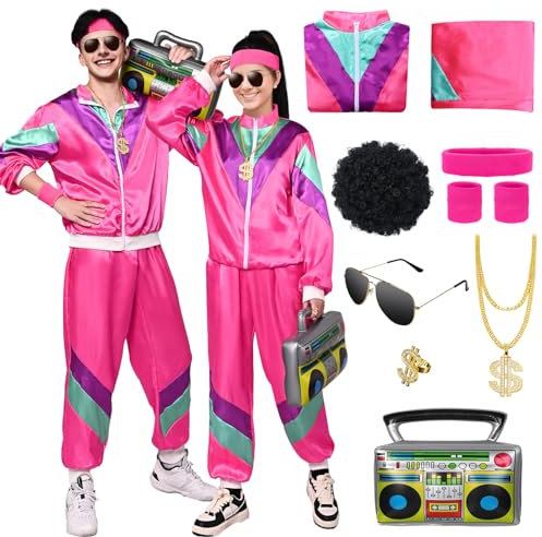Amycute 80er Jahre Outfit Herren Damen, 80er Trainingsanzug, Jogginganzug 80er Jahre, 80er Jahre Accessoires, Karneval kostüm für 60er 80er 70er 90er Jahre Themenparty.