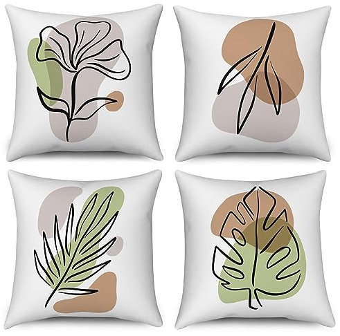 ASDCXZ Boho Kissenbezug 50x50 cm 4er Set, Modern Abstrakt Kunst Grün Blätter Weiß Sofa Dekokissen Kissenbezüge Kissenhülle Waschbar Polyester Flachs Textil Polster Kopfkissenbezug Kissen Bezug