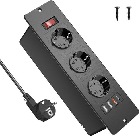 HANNELORE Regleta de Mesa con USB C PD20W, 3 enchufes, con 3 USB, regleta de Mesa con Interruptor, Enchufe empotrable con USB para Muebles o Superficies de Trabajo, Cable de 2 m, Color Negro