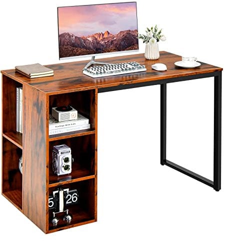 COSTWAY Schreibtisch mit 5 Fächern, Computertisch mit Metallrahmen, moderner Arbeitstisch, Bürotisch aus Holz, PC-Tisch, 115 x 59,5 x 75 cm (Rustikales Braun)