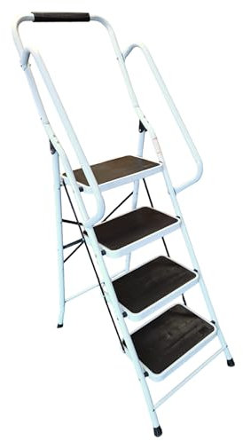 HH Home Hut 4 Step Ladder - Compact Folding Step Stool for Kitchen, Garage Non Slip Large Four-Step Rail Handle Ladder with Fold Away Steps
