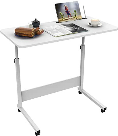 Lvechforhm Mesa Escritorio Auxiliar Cama 80x40cm, Mesa Ordenador Pequeña Regulable Altura, Mesa Escritorio Auxiliar con Ruedas, Blanco Móvil Mesa de Ordenador con Ranura para Tarjetas para Oficina