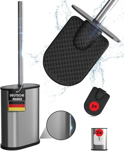 husliv Premium Silikon Klobürste Silber - Flacher Kopf aus Silikon und rostfreier Edelstahl am Stiel und Halter für eine hygienische Reinigung im eleganten Design.