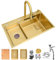 DSMRLEOP Fregadero de cascada dorada, fregadero de cocina multifuncional 304 fregadero de acero inoxidable, fregadero con grifo multifuncional dorado y otros accesorios (Color : Gold, S : 75x45cm)