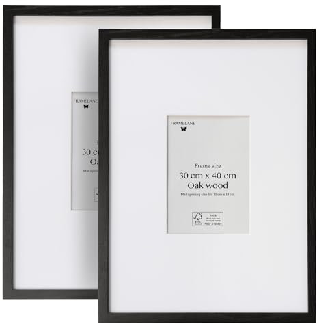 Framelane Set of 2 Bilderrahmen 30x40 Schwarz - FSC-Zertifiziertes Eichenholz, Mit Passepartout, Kratzfestes & Bruchsicheres Acrylglas, Für Hoch- Oder Querformat, Bilderrahmen Für Wandmontage