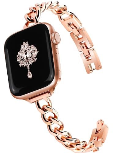 Newlibery Bracelet en métal or rose compatible avec Apple Watch 38 mm, 40 mm, 41 mm, 42 mm, 44 mm, 45 mm, 46 mm - Élégant bracelet fin en métal pour femme - Pour iWatch séries 10/9/8/7/6/5/4/3/2/1/SE
