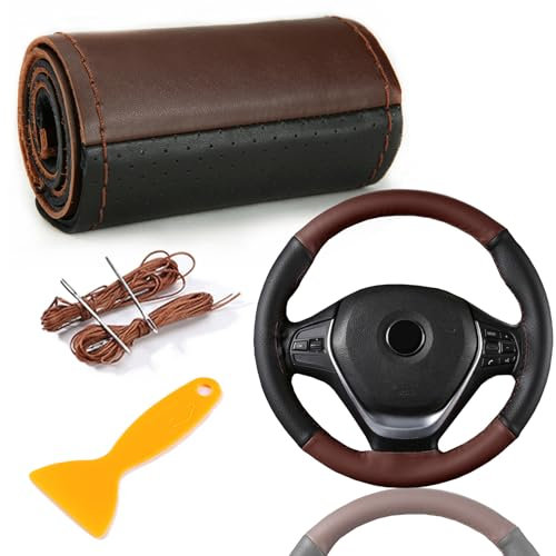 Echtes Leder Lenkradbezug, Lenkradbezug Zum Nähen, Lenkradbezug Leder Universal Passform 37-39 cm Autolenkräder, Zweifarbiger Lenkradbezug aus Leder (Schwarzgrau)