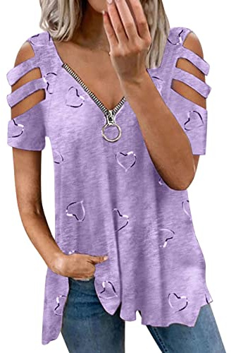 HOOUDO Frauen Lässige Herzdruck V-Ausschnitt Reißverschluss Kurze Ärmel Riemen Kalte Schulter Hemdbluse Lose Tunika Top Grüne Bluse Damen Elegant