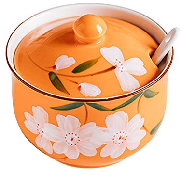 RockTrend Hand-painted Flower Ceramic Seasoning Jar Condiment Pot Sugar Bowl with Lid and Spoon-Orange